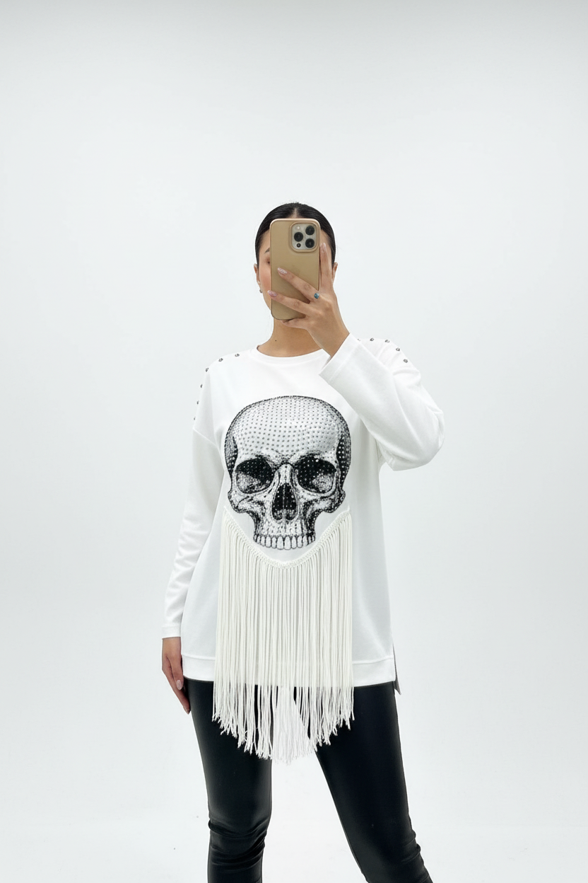 Skull Re-Design Boutique Langarmshirt Weiß-Schwarz Lifestyle – Mode aus Italy Gr. 36–48