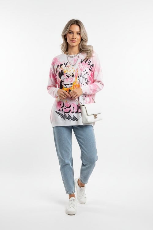 Damen Sweater Happy Vibe Keep It Real – Tragebild, oversized Fit, bunt bedruckt mit Mickey Mouse Motiv
