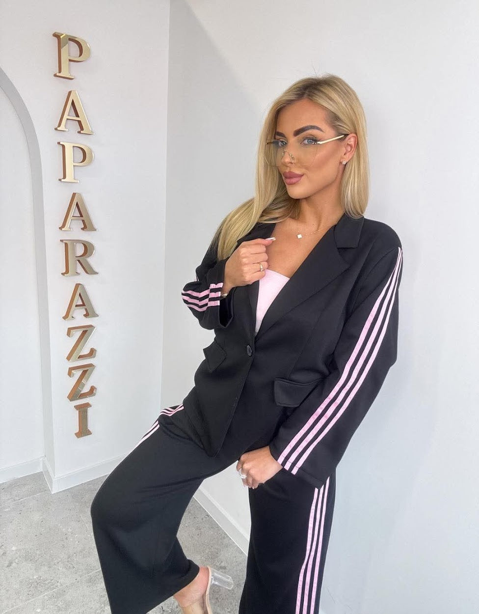 Damen Hosenanzug Paparazzi - Schwarz mit Rosa Glitzersteinen