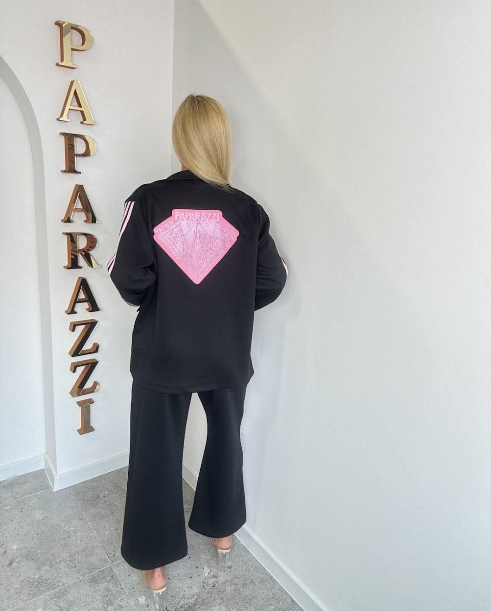 Damen Hosenanzug Paparazzi - Schwarz mit Rosa Glitzersteinen