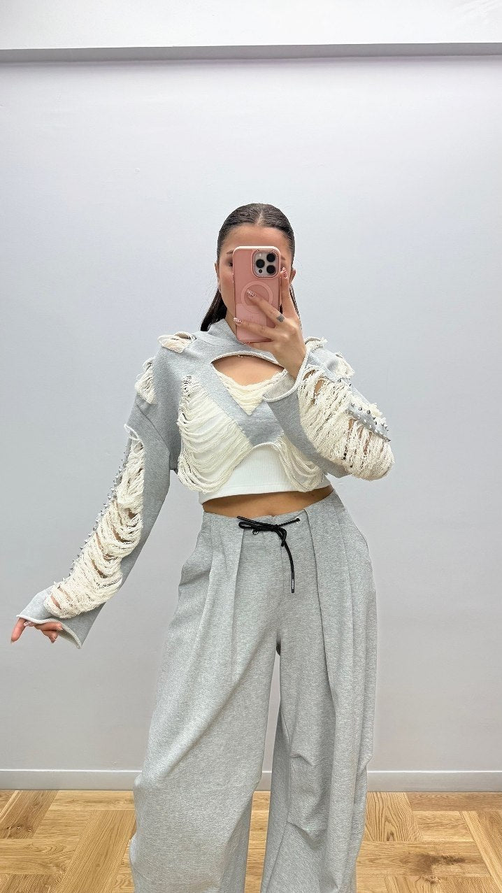 Re-Design Hoodie Grau Fransen