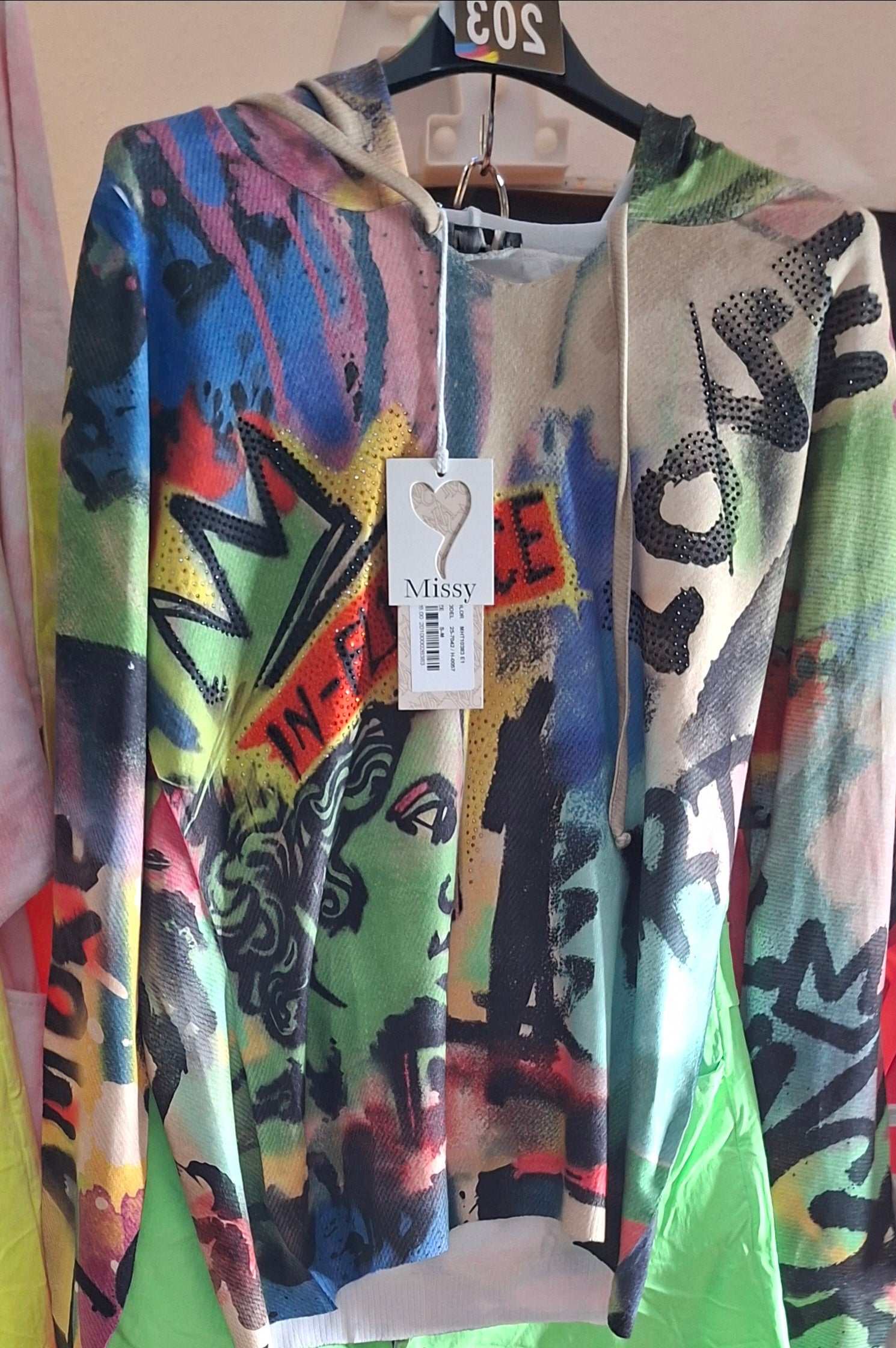 Missy Hoodie – Graffiti-Print Bunt mit Glitzersteine | Oversize | Gr. 36–44
