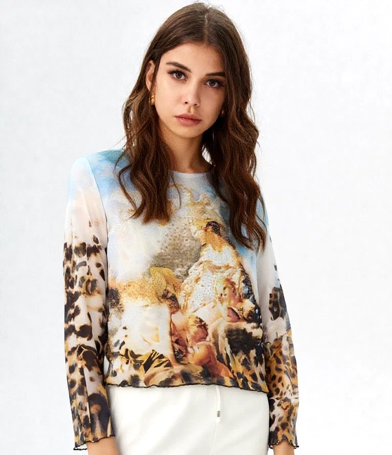 ✨ Missy Stretch Chiffon Shirt – Barock Gemälde Putto mit Strasssteinen | Gr. S